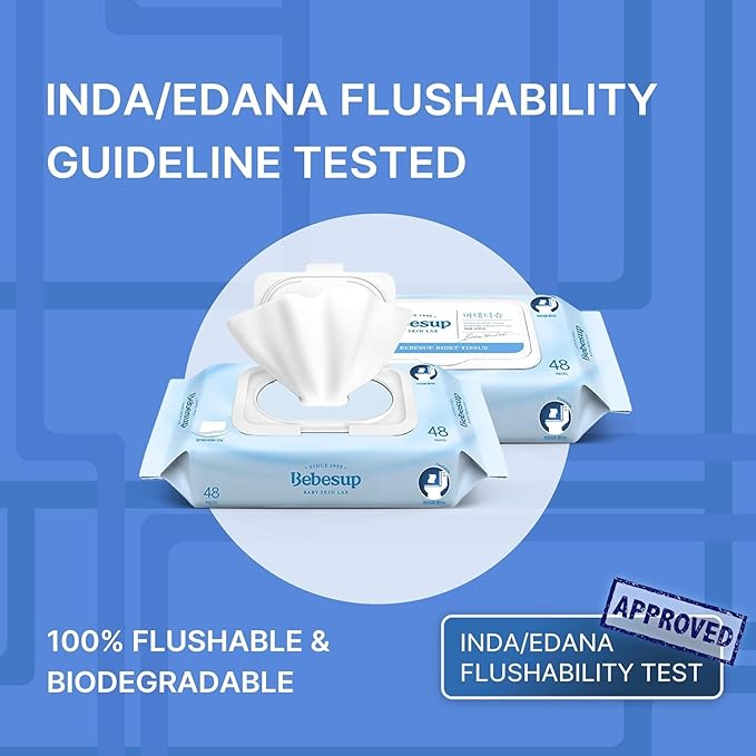 BEBESUP- Korea’s #1 Flushable Wipes- 100% Plant-Based Hypoallergenic Biodegradable 99% Water-Based Extra-Thick Organic Wipes Unscented for sensitive skin Flip-Top (48 Count 1 Pack)
