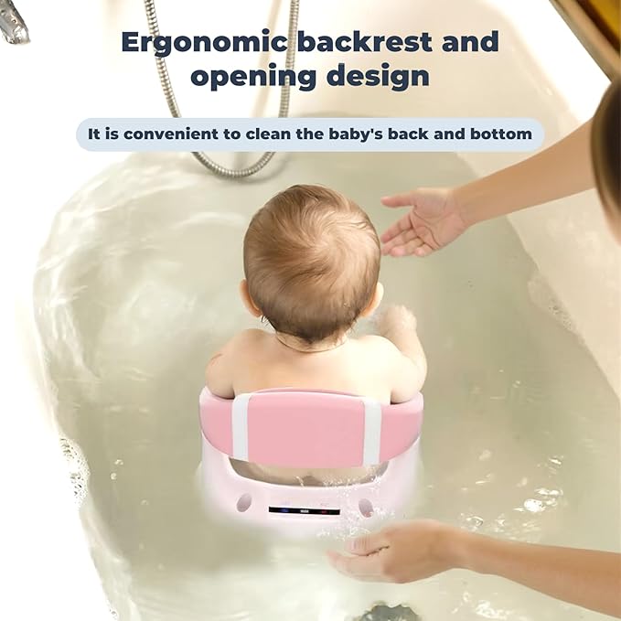 Baby Bath Seat-for Babies 6 Months & up with Temperature Alert+Soft Cushion+Suction, Toddler Bath Seat for Baby, Sitting Up with Baby Bathtub Seat, Pink