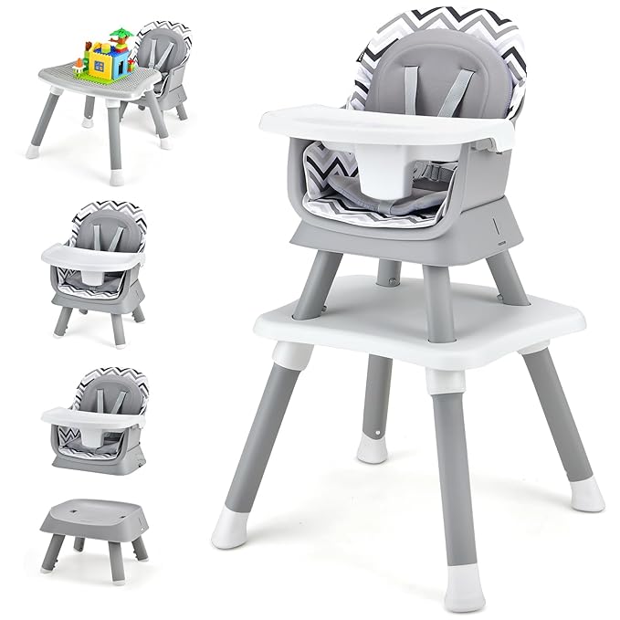 KOTEK Baby High Chair, 8 in 1 Convertible Highchairs for Babies and Toddlers, Building Block Table, Booster Seat, Toddler Chair with Removable Tray, Safety Harness, Dual Cushions (Chevron)