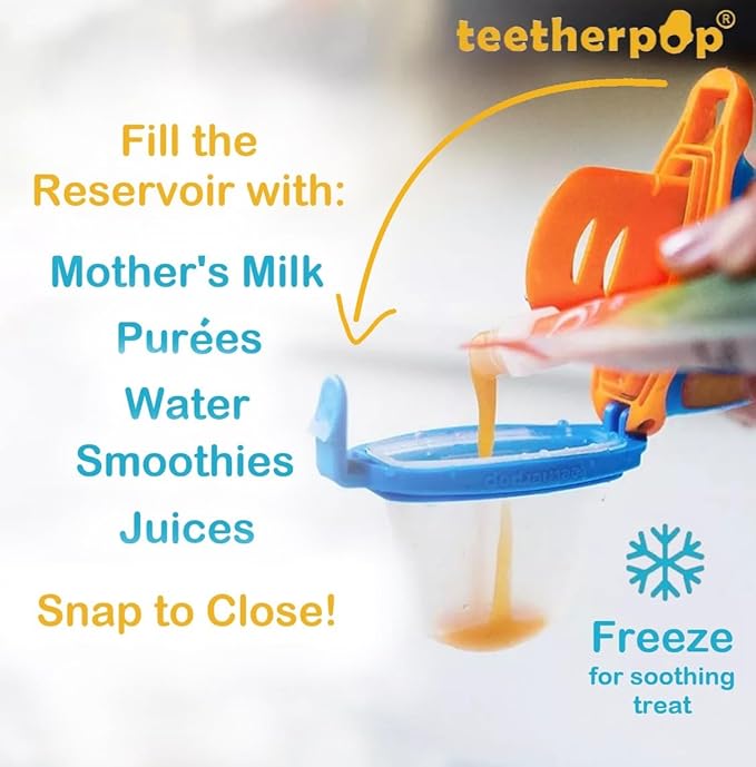 Teetherpop Fillable Silicone Teether for Babies (2-Pack) – Breastmilk Popsicle Molds for Teething w/Spill-Proof Sippy Slits – Freezable Baby Teethers for Liquids & Purées (PinkLemon/LimonTeal)