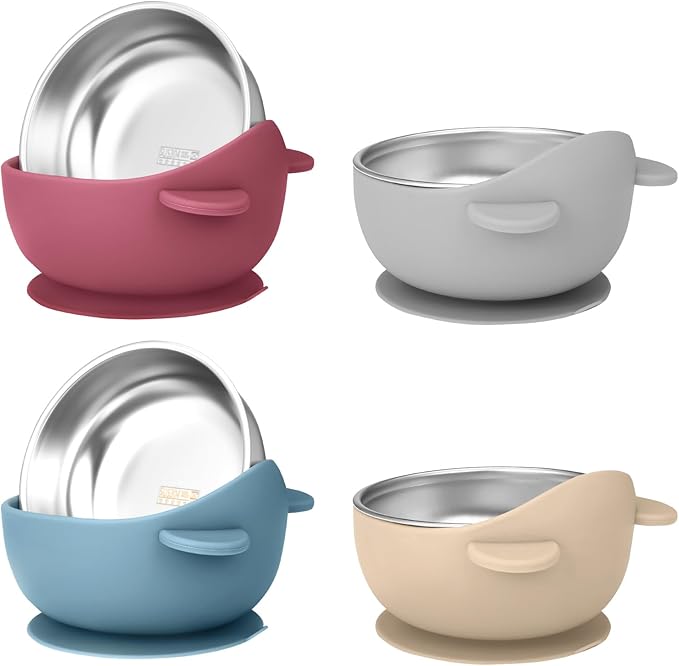 4 Pack Stainless Steel Baby Bowls with Suction, Toddler Bowls with Removable Silicone Shell for Kids, Non-Slip Toddler Baby Feeding Set Dishwasher Safe-blue/Gray/Red/Cream