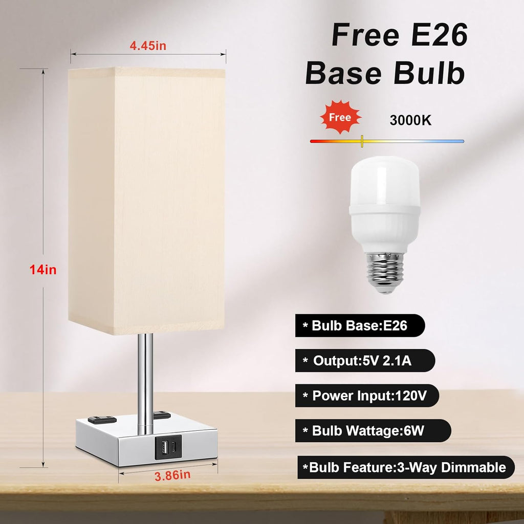 Touch Bedside Table Lamp for Nightstand - 3-Way Dimmable Night Lamp with USB A + Type C Charging Ports and Two AC Outlets, Small Desk Light with E26 LED Bulb for Bedroom Living Room Dorm Office