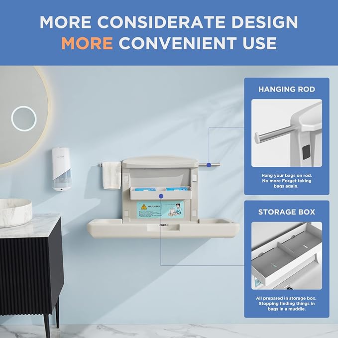 Commercial Baby Changing Station, Wall Mounted Horizontal Baby Changing Table with Safety Strap, Foldable Diaper Tables for Bathroom, White