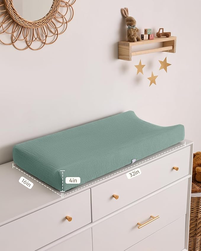 Blissful Diary Muslin Changing Pad Cover for Girls Boys, Ultra Soft Breathable Cotton, Baby Diaper Change Table Pad Covers, 2Pack (Roman Green&Leaf)
