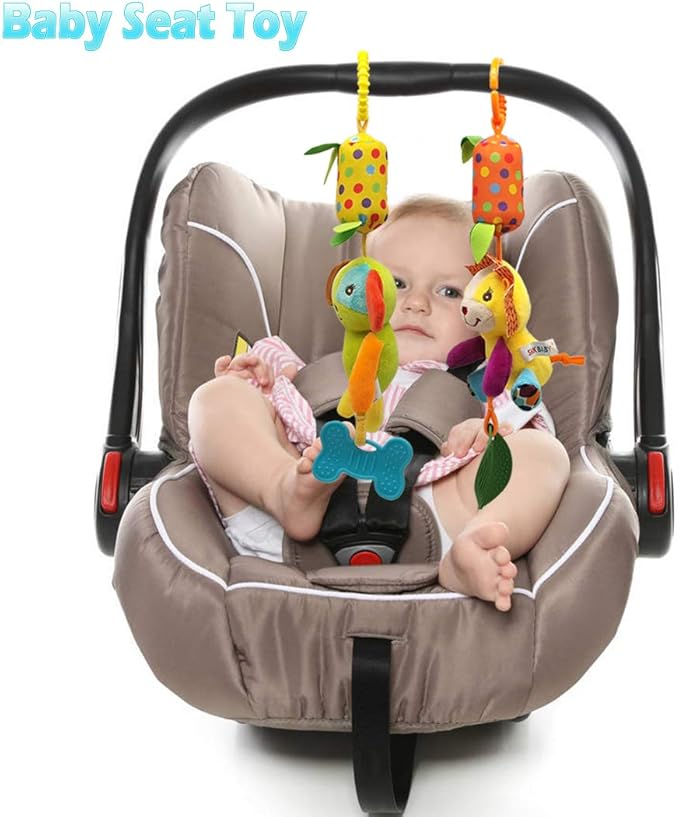 BLOOBLOOMAX Baby Soft Hanging Rattle, Car Seat Stroller Toys with Plush Animal C-Clip Ring for Infant Babies Boys and Girls 3 6 9 to 12 Months (4pcs)