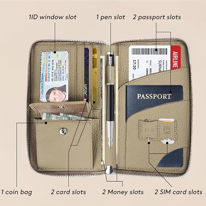 Leather Travel Wallet, Passport Wallet for Travel, Passport Holder for Family with RFID Blocking, with Zippered Pocket and Cash Slot, for Secure Traveling and Documentation Organizer (Eephant Grey)