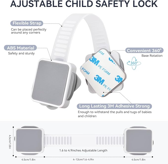 12 Pack Child Safety Cabinet Locks for Baby Proofing, Length Adjustable Latch Straps Dual Button Design for Drawers Fridge Refrigerator Doors Toilet Seat Oven