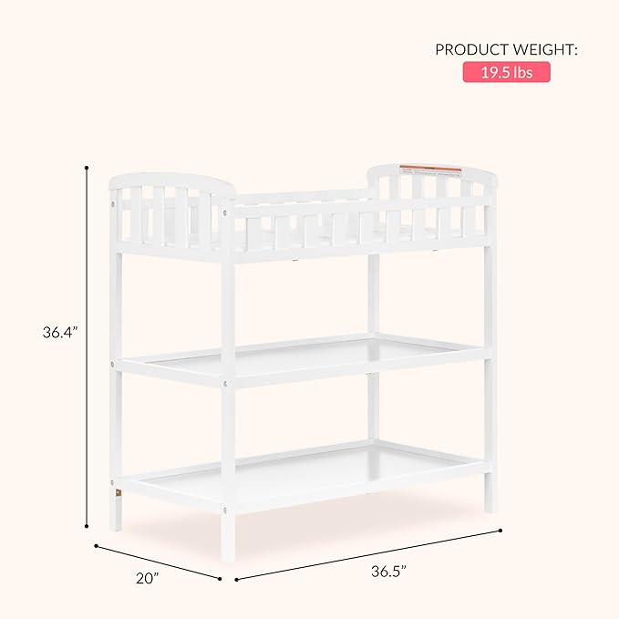 Dream On Me Emily Changing Table, Compact and Portable, Solid New Zealand Pinewood, Safety Rails, Two Storage Shelves, Includes Water-Resistant 1" Changing Pad — White