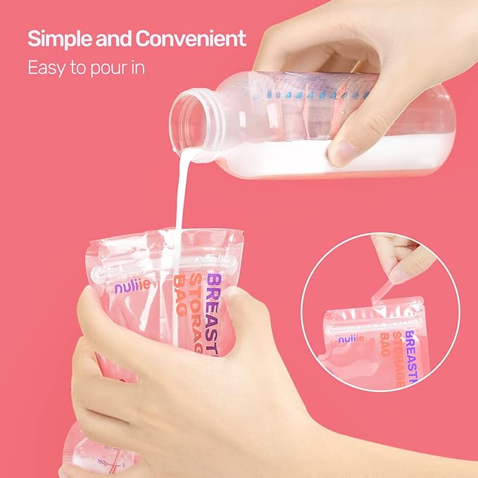 Nuliie 120 Pcs Breastmilk Storage Bags, 8 OZ Breast Milk Storing Bags, BPA-Free, Milk Storage Bags with Pour Spout for Breastfeeding, Self-Standing Bag, Space Saving Flat Profile