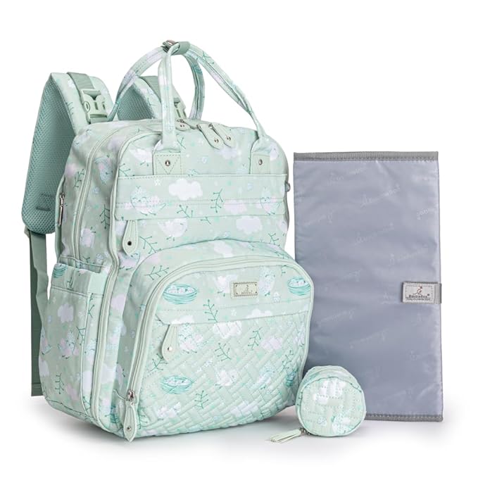 BabbleRoo Diaper Bag Backpack - Baby Essentials, Travel Essentials Baby Bag with Changing Pad, Stroller Straps & Pacifier Case - Unisex, Green Birdy
