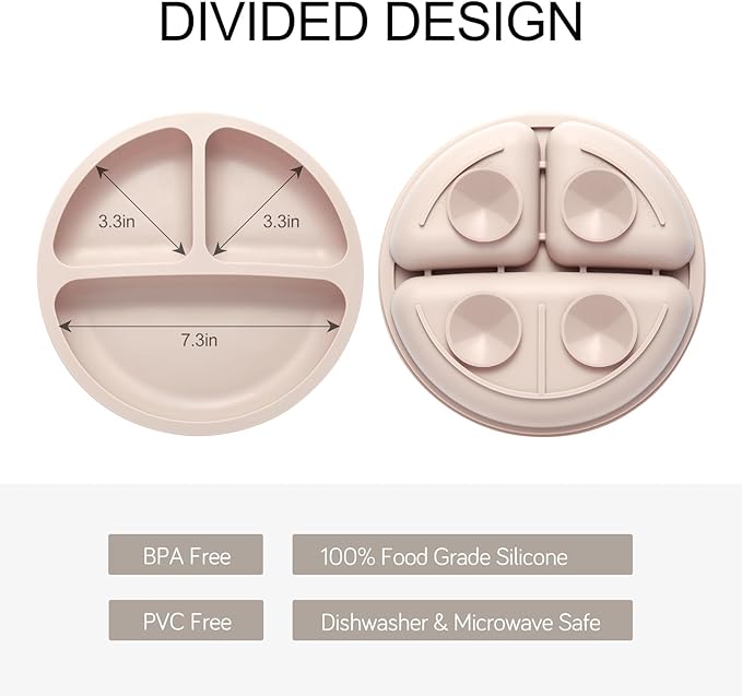 Toddler Plates, 3 Pack Divided Suction Plates for Baby, Food Grade Silicone Baby Plates, BPA Free, Non-slip, Baby Led Weaning Supplies, Microwave & Dishwasher Safe