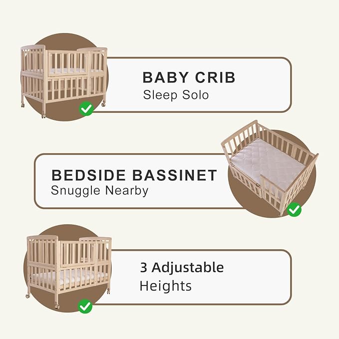 Baby Bassinets Bedside Sleeper - Portable Pine Wood Bedside Bassinet with Mattress,3 Heights Small Mini Crib,Baby Crib for Newborns,Unpainted