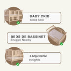 Baby Bassinets Bedside Sleeper - Portable Pine Wood Bedside Bassinet with Mattress,3 Heights Small Mini Crib,Baby Crib for Newborns,Unpainted