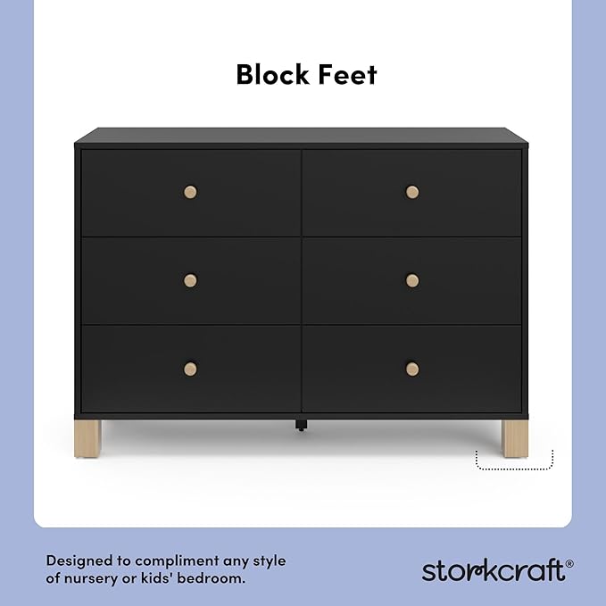 Storkcraft California 6-Drawer Double Dresser (Black with Driftwood) - GREENGUARD Gold Certified, Interlocking Drawer System, Dresser Drawer Organizer for Kids Bedroom