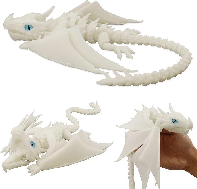 3D Printed Dragon with Wings, Fidget Dragon Toys, 3D Printed Animals, Flexible Articulated Winged Crystal Dragon Model,Home Office Decor Desktop Pet(Luminous White)