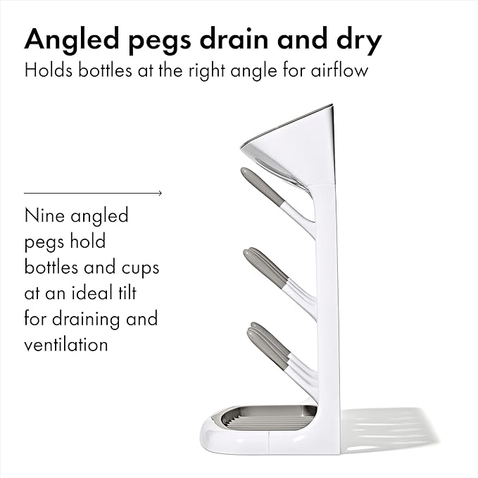 OXO Tot Space-Saving Baby Bottle Drying Rack, Compact Dish Drying Rack with Removable Trays, Countertop Bottle Organizer for Baby Bottles, Nipples, Pacifiers and Lids, BPA Free, Dishwasher Safe