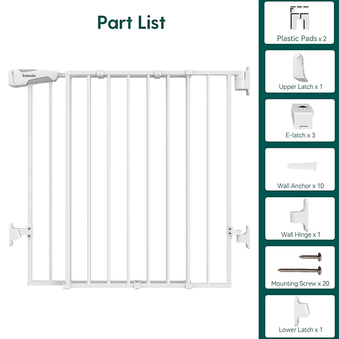 Babelio 26-43" No Bottom Bar Baby Gate for Babies, Elders and Pets, 2-in-1 Hardware Mount Dog Gate for The House, Stairs and Doorways, with Large Walk Thru Door, White