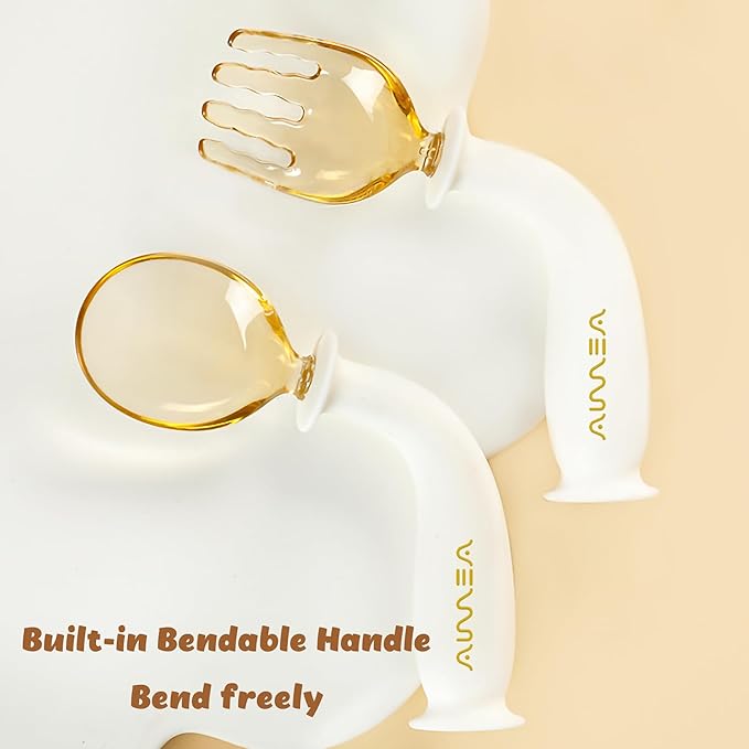 Toddler Forks and Spoons Set with travel case, Kids utensils for self-feeding bendable handle,Safe silicone Children Spoon and Fork,Toddler utensils,Silicone Grip and PPSU Head, Aged 6M+