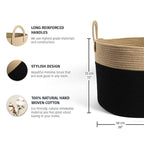 OrganiHaus Woven Laundry Basket, Large Cotton Rope Blanket Holder with Handles, Soft & Sturdy Nursery Hamper, Decorative Toy Bin for Living Room Organization 20x13 inches - Black/Honey