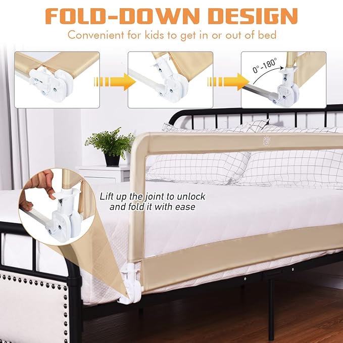 Costzon Bed Rail for Toddlers, 2 PCS Extra Long Swing Down Safety Bed Guards w/Straps for Convertible Crib, Kids Twin, Double, Full Size, Queen & King Bed, Folding Bed Rails for Baby (59-Inch, Beige)