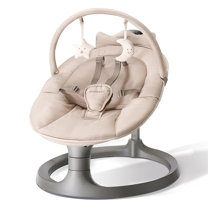 Momcozy 2-in-1 Electric Baby Swing, Dual-Arm Support System & Parent-Inspired Motions, Convertible to Toddler Seat up to 66 lbs, Adjustable Height, Lightweight, Khaki