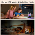 WILIT LED Kids Desk Lamp, Dimmable Study Lamp for Home Office Desk Accessories, with Pen Holder & Clock, USB Charging, RGB Night Light, Bedroom & College Dorm Room Essentials for Girls - Black