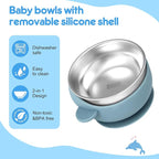 2 Pack Stainless Steel Baby Bowls with Suction, Toddler Bowls with Removable Silicone Shell for Kids, Non-Slip Toddler Baby Feeding Set Dishwasher Safe-Gray & Blue