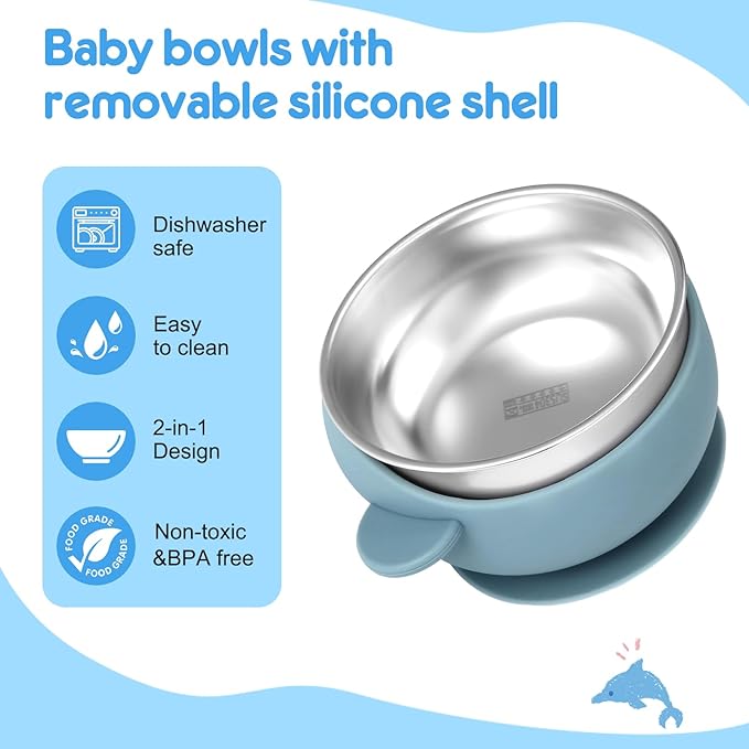 2 Pack Stainless Steel Baby Bowls with Suction, Toddler Bowls with Removable Silicone Shell for Kids, Non-Slip Toddler Baby Feeding Set Dishwasher Safe-Gray & Blue