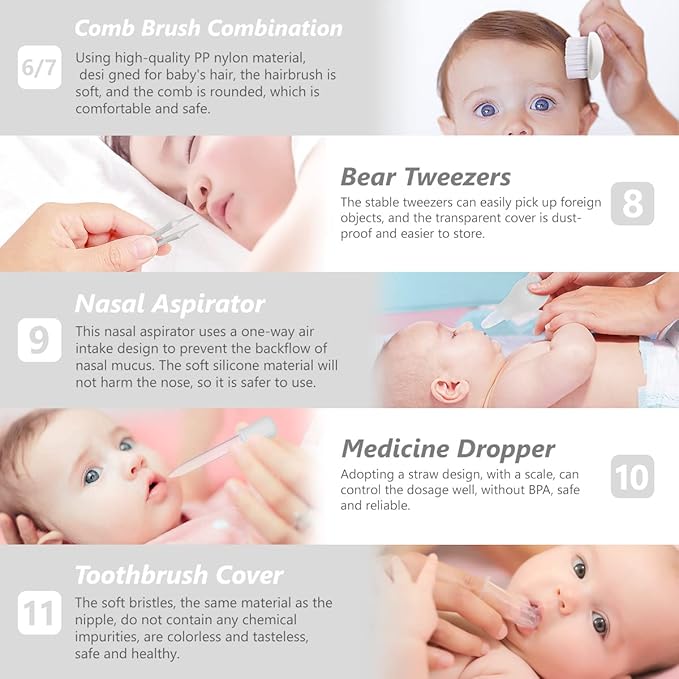 Baby Grooming Kit, 15 in 1 Portable Baby Safety Care Set with 01 Hair Brush Comb Nail Clipper Nasal Aspirator etc for Nursery Newborn Infant Girl Boys Keep Clean(White)