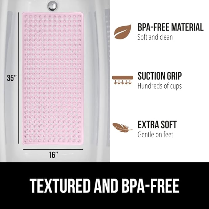 GORILLA GRIP Patented Bath Tub Shower Mat, Machine Washable Bathtub Floor Liner Mats, Suction Cups and Drain Holes to Keep Tubs Clean, Soft on Feet, Bathroom Essentials, 35x16 Inch, Clear Light Pink