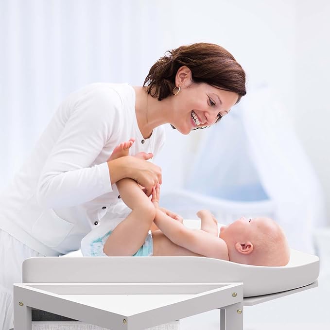 KORIMEFA Changing Table with Drawers, Corner Baby Diaper Changing Station with Laundry Hamper, Storage Bin, and Contoured Pad for Baby - White