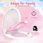 Toddler Toilet Seat with Potty Training Seat Round 16.5inch, 2 in 1 Toilet Seat for Family Built-in Baby Seat Removable, Soft Close + Easy Clean, PP Safe Material, Pink