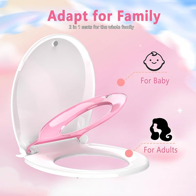 Toddler Toilet Seat with Potty Training Seat Round 16.5inch, 2 in 1 Toilet Seat for Family Built-in Baby Seat Removable, Soft Close + Easy Clean, PP Safe Material, Pink