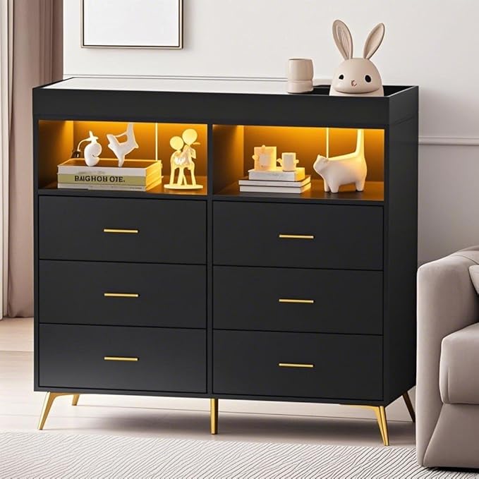 Dresser for Bedroom with 6 Drawers, Multi-Functional Nursery Dresser with LED Lights & Charging Station,Baby Changing Table Table with Diaper Changing Station