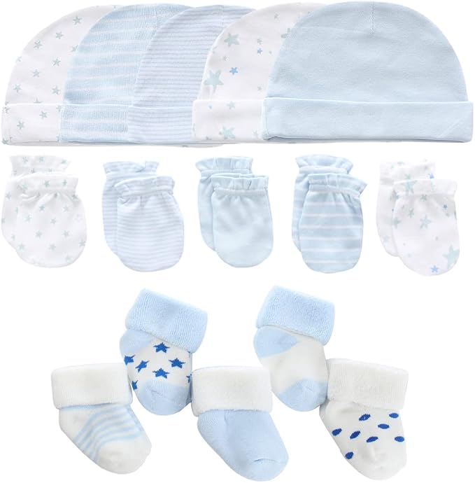 Newborn Baby Boy Girl Caps Mittens Socks Set Cotton Baby Essentials Accessories (Hats+Gloves+Socks)