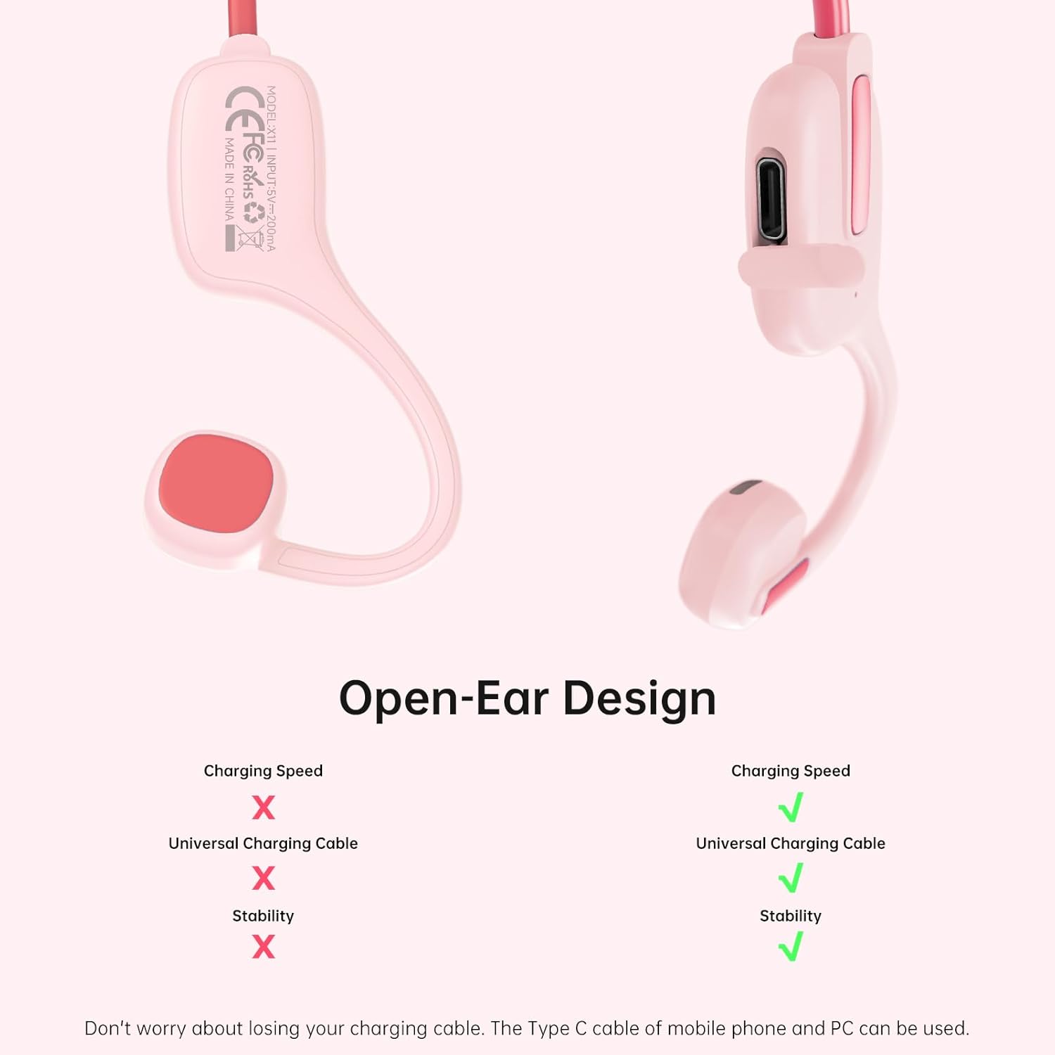 IFECCO Kids Open Ear Headphones - Kids Girls Bluetooth 5.3 Conduction Headphones with Mic,Ultra-Light,IPX5 Waterproof and Safer for Children Wireless Headphones,Perfect for School Travel Gifts (Pink)