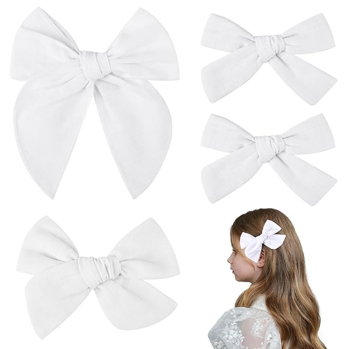 DEEKA 4 PCS White Cotton Linen Hair Bows 3 Styles 5" & 4" Handmade Hair Bow set for Toddler Girls Alligator Hair Clips Knot Bows Hair Accessories for Little School Girls (White)