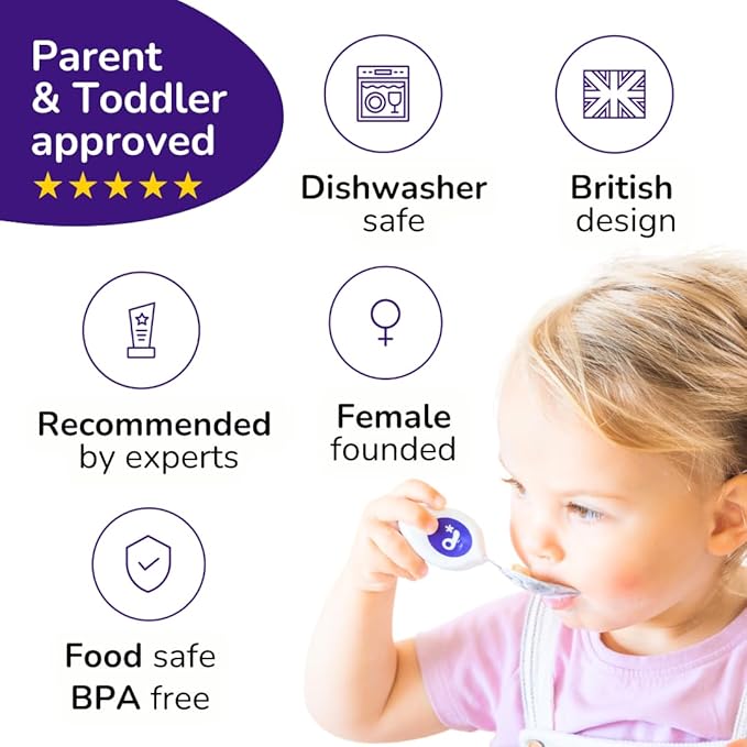 doddl Toddler Utensils, Ergonomic Fork Spoon and Knife Set for Self Feeding, Stainless Steel Silverware for 1-3 Year Olds, BPA Free, Dishwasher Safe (Indigo)