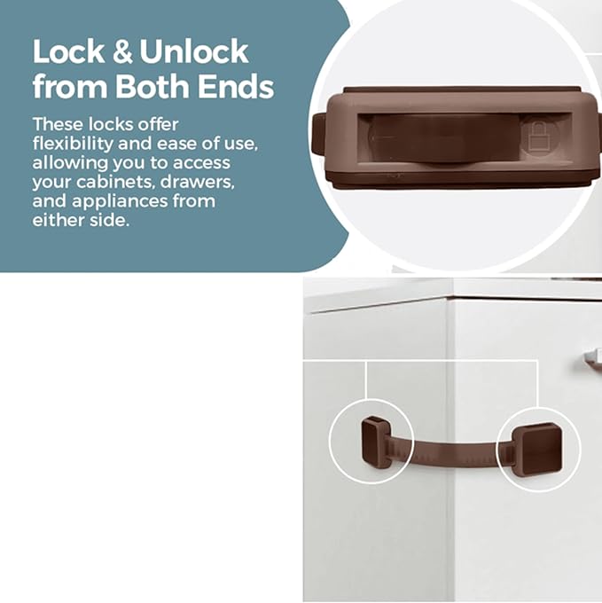 Cabinet Locks Baby Proofing (6-Pack Brown) - Child Proof Cabinet Locks, No Drilling, Easy Installation, Adjustable & Reusable, Drawer Locks Baby Proofing