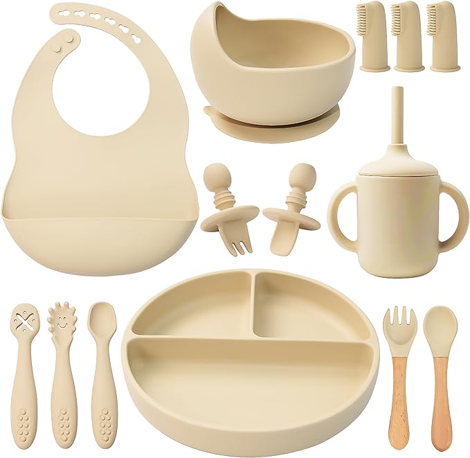 Silicone Baby Feeding Set 14 Pcs,Baby Led Weaning Supplies, Baby Spoons Suction Bowl Divided Plate Bib Cup Finger Brush,First Stage Solid Food Eating Utensils - 6+ Months(Beige)