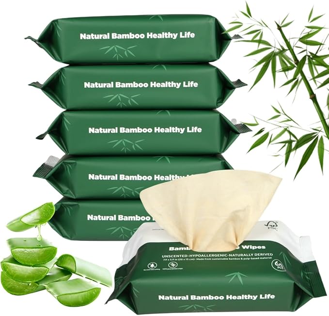 Bamboo Flushable Wipes,Septic Safe,Soft, Soothing Botanicals & Aloe, Unscented,Eco Friendly, Natural Brown Bamboo-Pulp Based Flusable Wipes for Women/kids/Adults 360Count (6 Packs of 60)