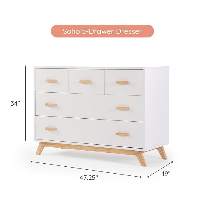 dadada Soho 5-Drawer Dresser for Nursery and Bedroom - Modern Design, Large Storage, Baby-Safe Finish, Soft Close Drawers, Anti-Tip Safety, Sturdy Legs & Solid Wood Handles, 47” Wide (White+Natural)
