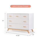 dadada Soho 5-Drawer Dresser for Nursery and Bedroom - Modern Design, Large Storage, Baby-Safe Finish, Soft Close Drawers, Anti-Tip Safety, Sturdy Legs & Solid Wood Handles, 47” Wide (White+Natural)