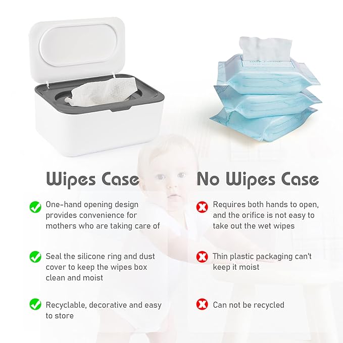 2 Pack Baby Wipes Dispenser, Wipes Case Baby Wipe Holder Keeps Wipes Fresh, Non-Slip, Easy Open & Close (Grey and Blue)