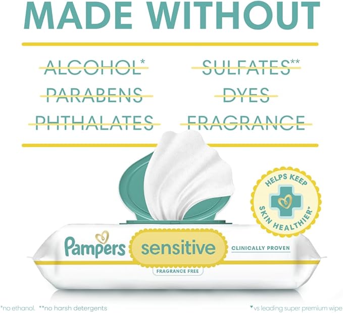 Pampers Baby Wipes Sensitive, Water Based Baby Wipes, Hypoallergenic and Unscented Baby Wipes, 168 Wipes Total (2 Flip-Top Packs)