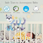 Car Seat Toys, Baby Plush Spiral Hanging Toys for Stroller Crib Bar Bassinet Car Seat Mobile with Musical Owl BB Squeaker Elephant- Gray Fox