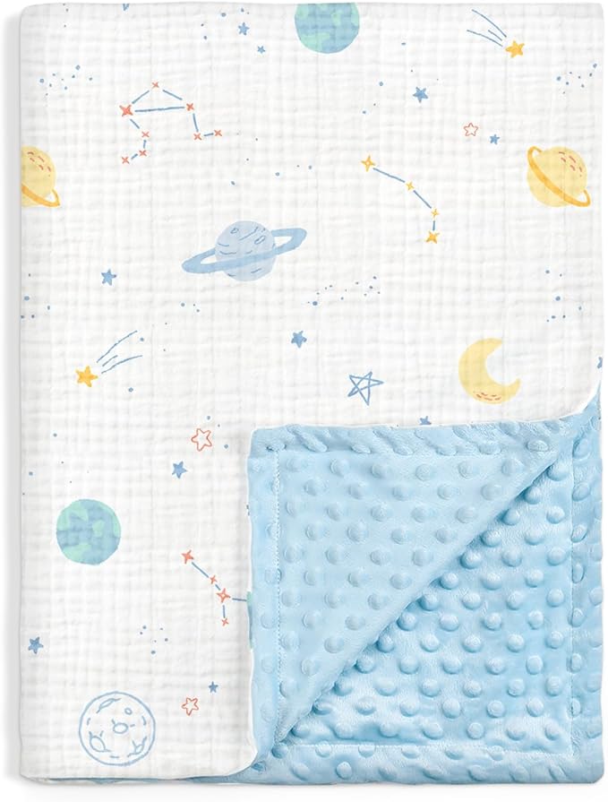 Outer Space Baby Blankets for Boys, Soft Nursery Minky Blankets with Muslin and Dotted Fleece Back 30x40 inches, Receiving Bed Quilt for Newborn, Infants, Toddlers