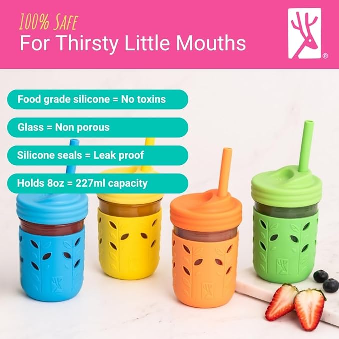 Elk and Friends Kids + Toddler Glass Cups | The Original 8oz Glass Mason Jar with Sleeves + Lids | Silicone Straws + Stopper | Smoothie Cup | Food Storage | Spill Resistant | Dishwasher Safe | 4 Pack