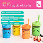 Elk and Friends Kids + Toddler Glass Cups | The Original 8oz Glass Mason Jar with Sleeves + Lids | Silicone Straws + Stopper | Smoothie Cup | Food Storage | Spill Resistant | Dishwasher Safe | 4 Pack