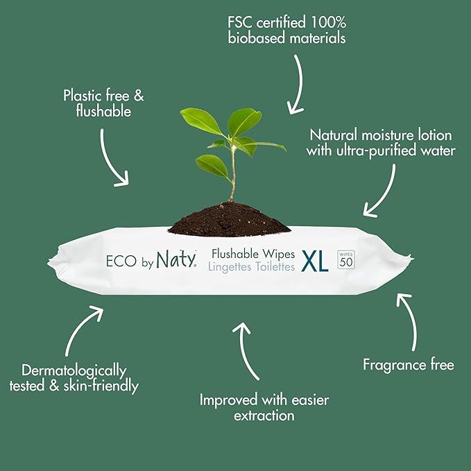 Naty Flushable XL Baby Wipes - Unscented, 100% Plant-Based, Plastic-Free, Fragrance-Free, Hypoallergenic for sensitive skin and Dermatologically Tested (XL - 600 Count - 12 Packs of 50)